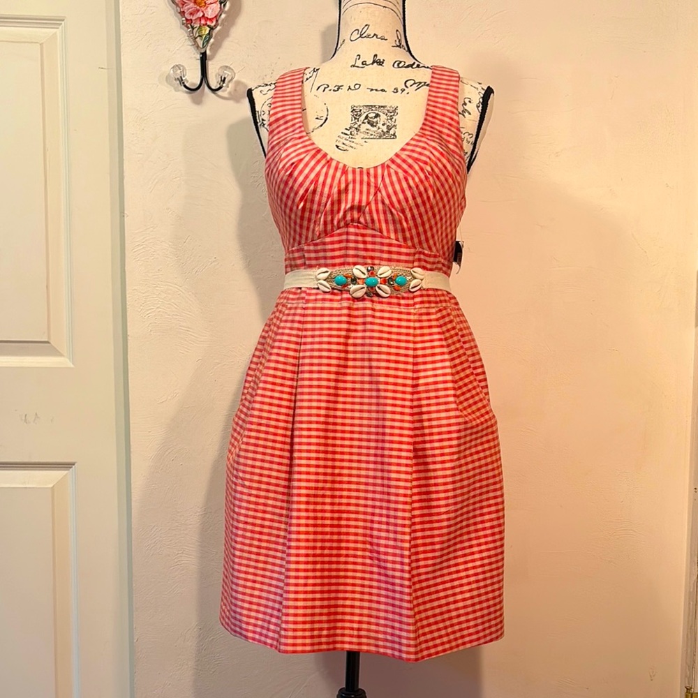 NANETTE LEPORE NWT! Gingham Silk Taffeta w/Pockets, Shell Tie Belt, SZ 8